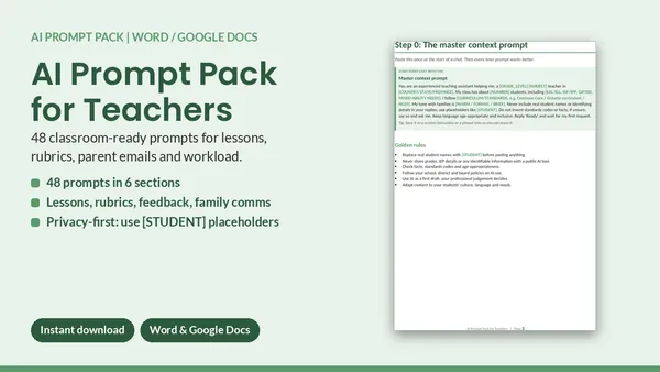 Cover of AI Prompt Pack for Teachers - 48 Lesson Plan, Rubric & Parent Email Prompts