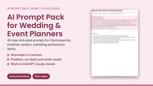 Cover of AI Prompt Pack for Wedding & Event Planners - 40 Prompts