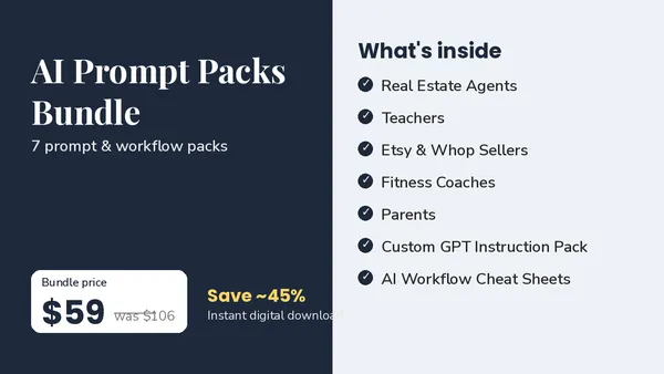 Cover of AI Prompt Packs Bundle - 7 Prompt & Workflow Packs for Work and Life