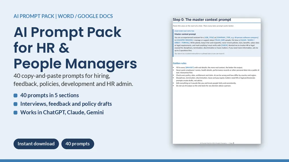Cover of AI Prompt Pack for HR & People Managers - 40 Prompts