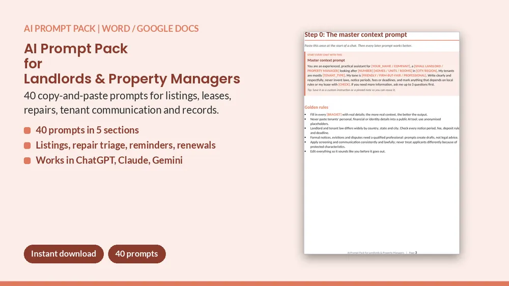 Cover of AI Prompt Pack for Landlords & Property Managers - 40 Prompts