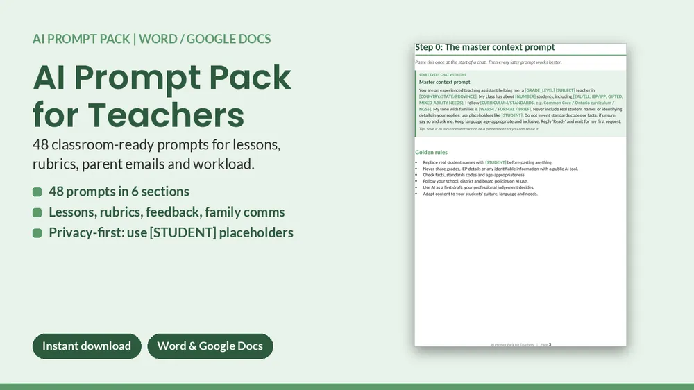 Cover of AI Prompt Pack for Teachers - 48 Lesson Plan, Rubric & Parent Email Prompts