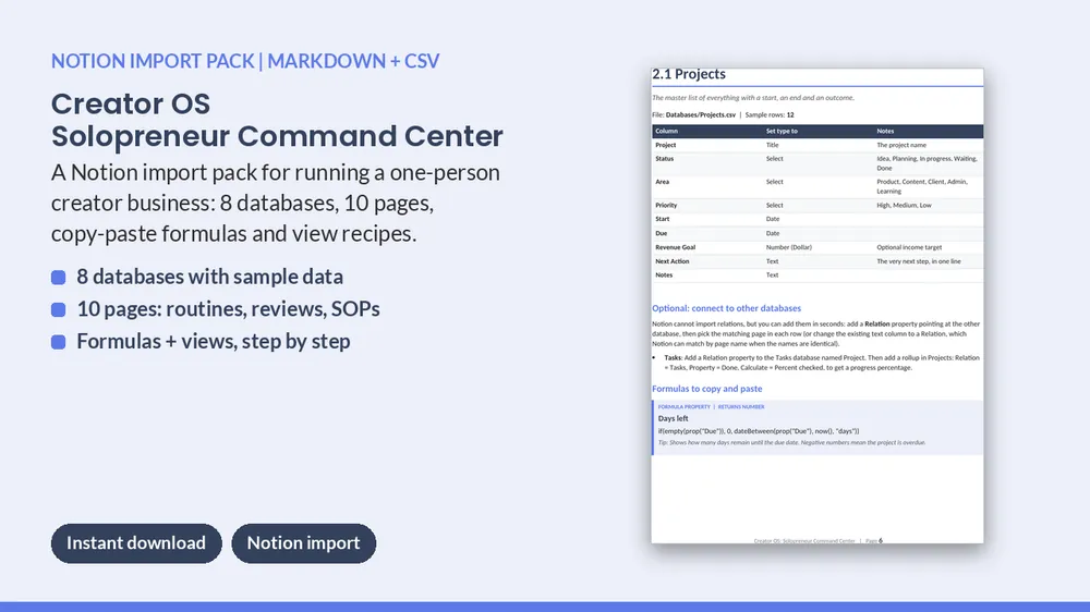 Cover of Creator OS - Solopreneur Command Center Notion Import Pack (8 Databases)