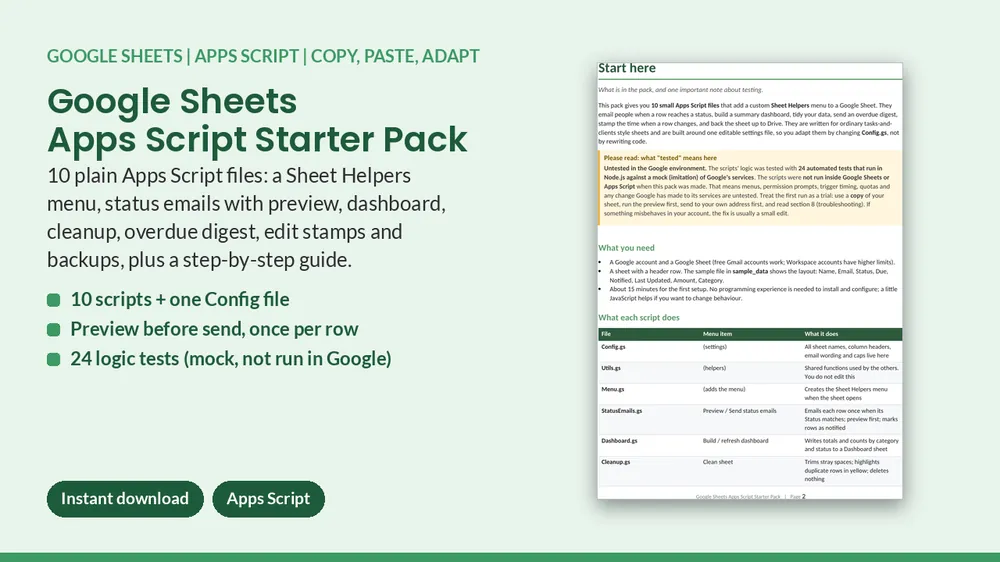 Cover of Google Sheets Apps Script Starter Pack - 10 Scripts + Setup Guide