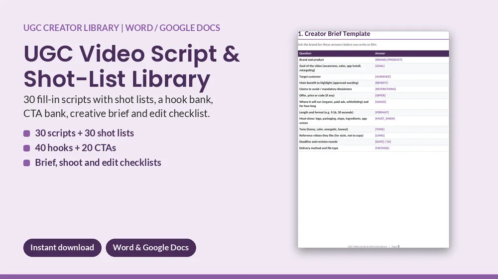 Cover of UGC Video Script & Shot-List Library - 30 Scripts, Hooks & CTAs