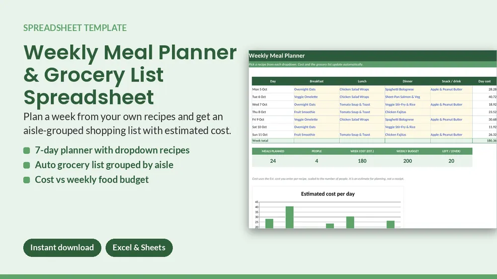 Cover of Weekly Meal Planner & Grocery List - Excel & Google Sheets