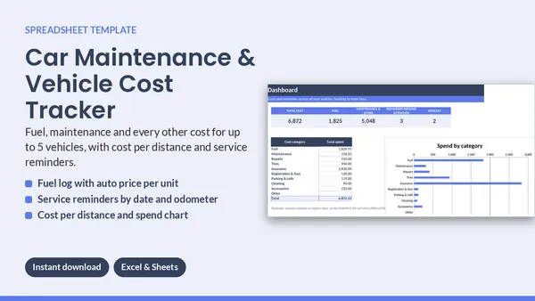 Cover of Car Maintenance & Vehicle Cost Tracker - Excel & Google Sheets