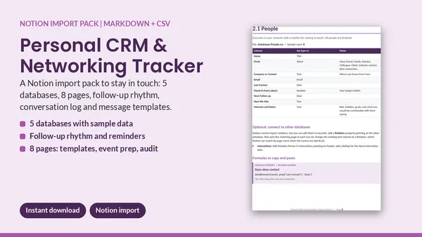 Cover of Personal CRM & Networking Tracker - Notion Import Pack (5 Databases)