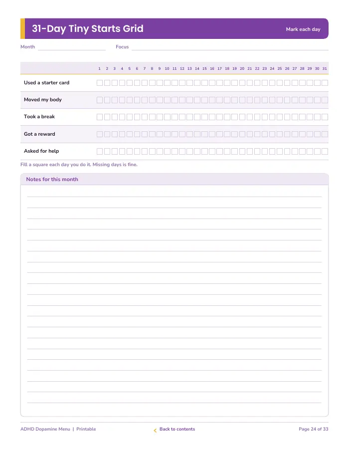 Inside page 3 of ADHD Dopamine Menu & Task Starter Cards