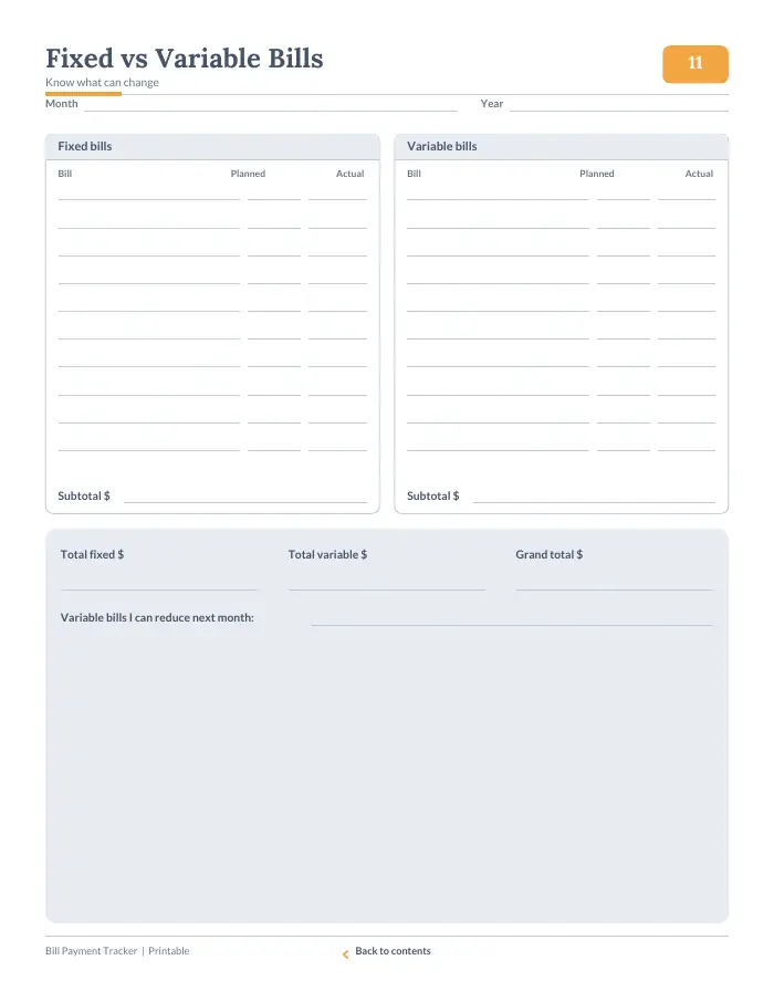 Inside page 1 of Bill Payment Tracker