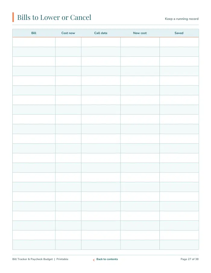 Inside page 3 of Bill Payment Tracker & Paycheck Budget