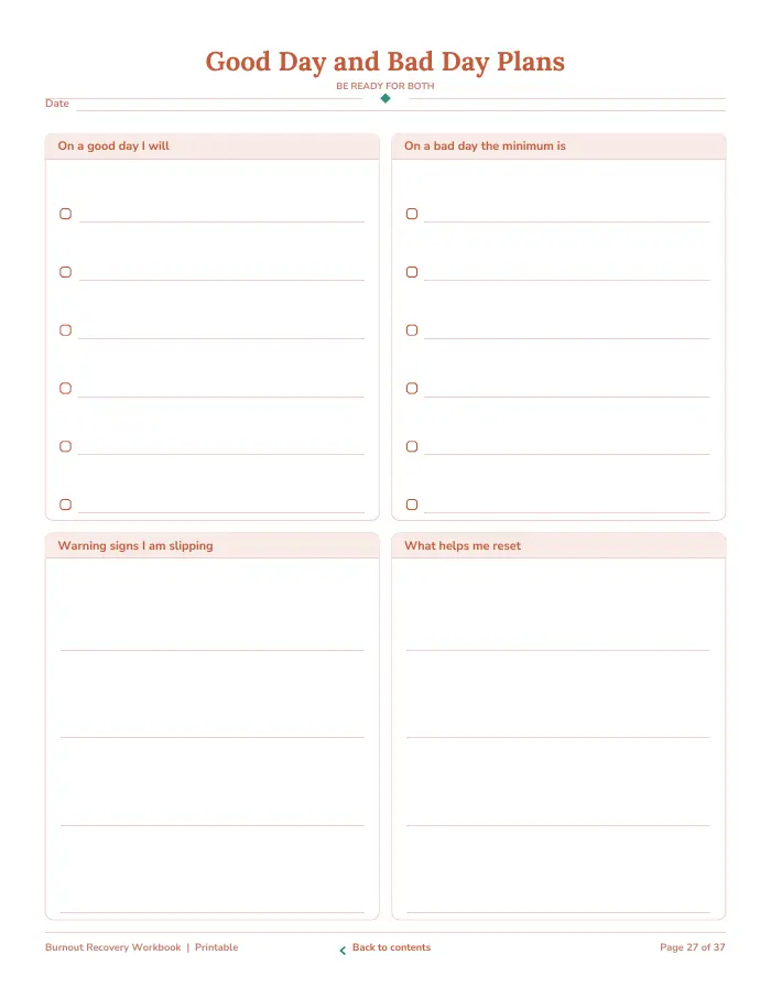 Inside page 3 of Burnout Recovery Check-In Workbook