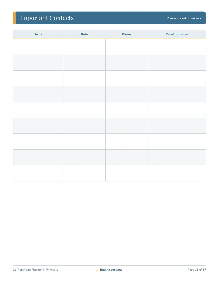 Inside page 1 of Co-Parenting Planner & Binder