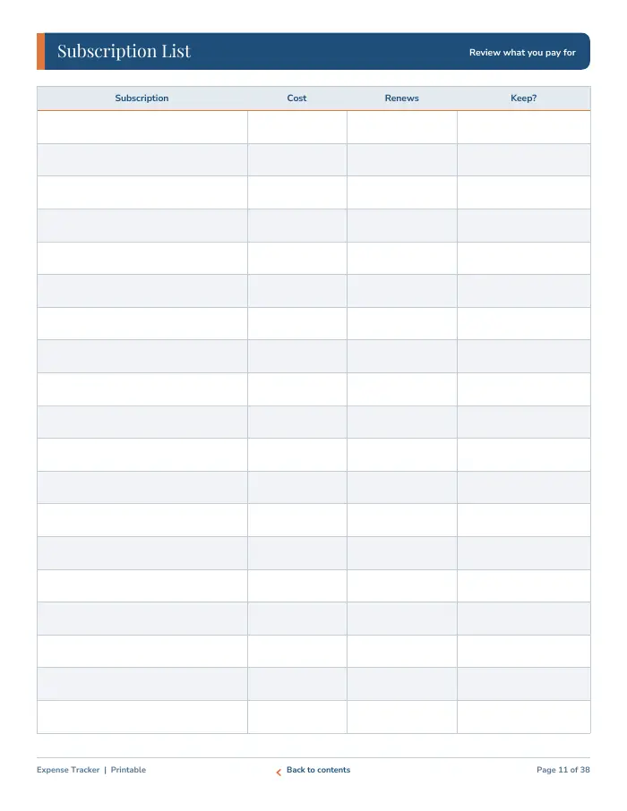 Inside page 1 of Expense Tracker