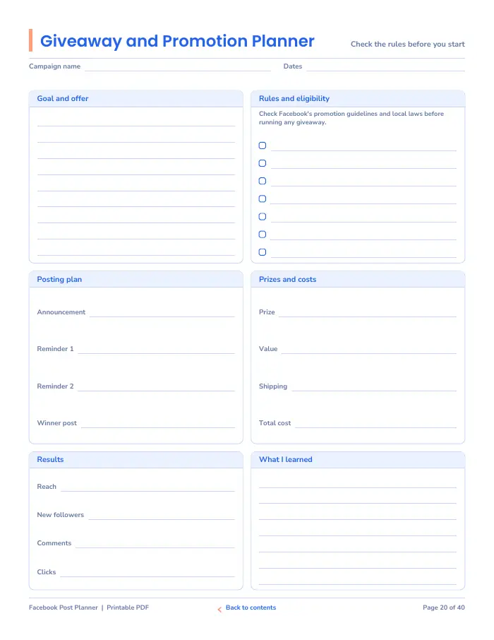 Inside page 2 of Facebook Post Planner