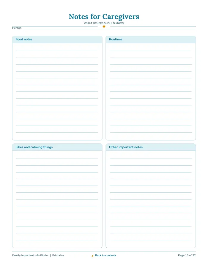 Inside page 1 of Family Important Info Binder
