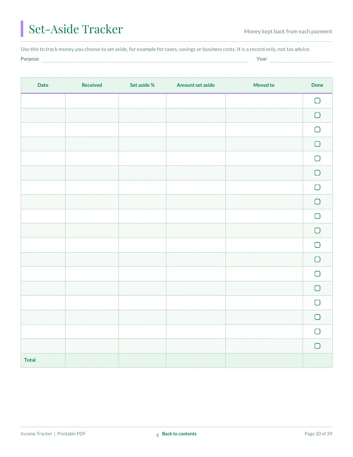 Inside page 2 of Income Tracker