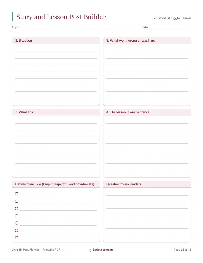 Inside page 1 of LinkedIn Post Planner