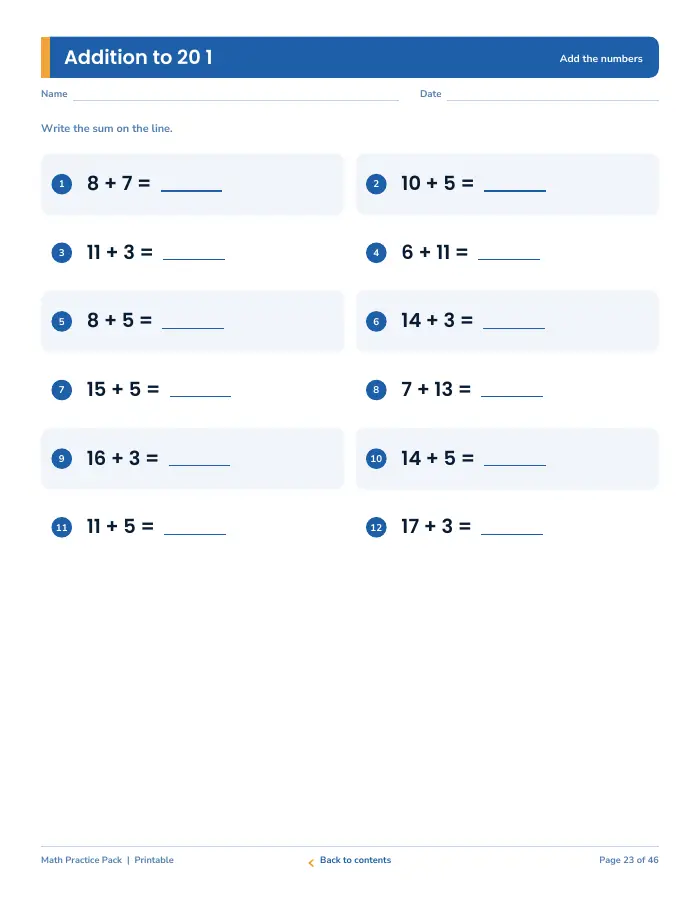 Inside page 2 of Math Practice Pack