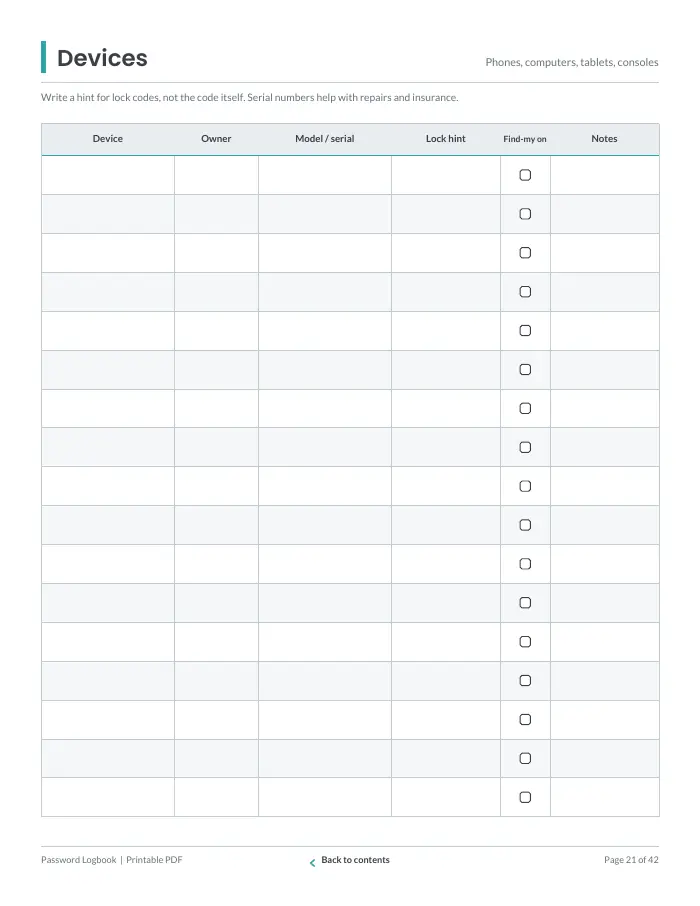 Inside page 2 of Password Logbook