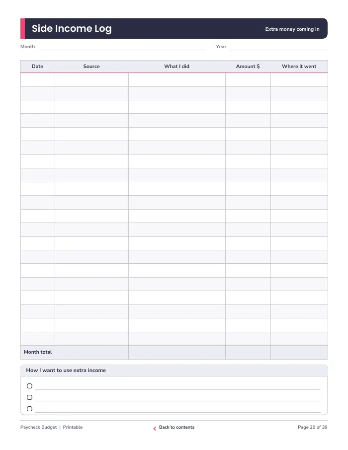 Inside page 2 of Paycheck Budget