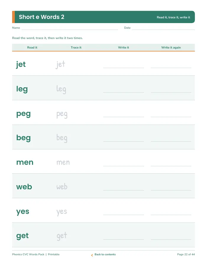 Inside page 2 of Phonics CVC Words Pack
