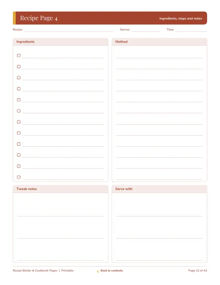 Inside page 1 of Recipe Binder & Cookbook Pages