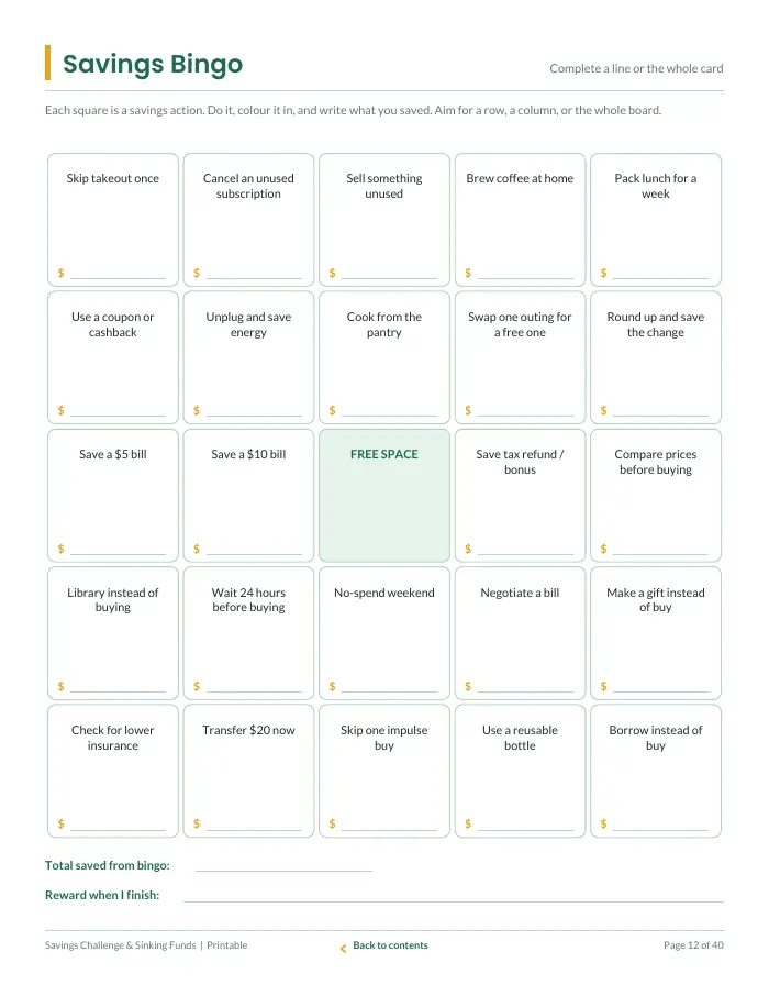 Inside page 1 of Savings Challenge & Sinking Funds