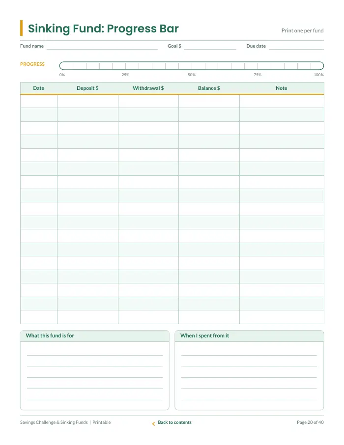 Inside page 2 of Savings Challenge & Sinking Funds