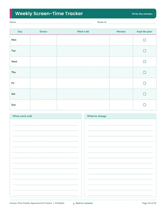 Inside page 1 of Screen-Time Family Agreement & Tracker