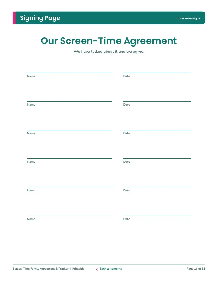 Inside page 2 of Screen-Time Family Agreement & Tracker