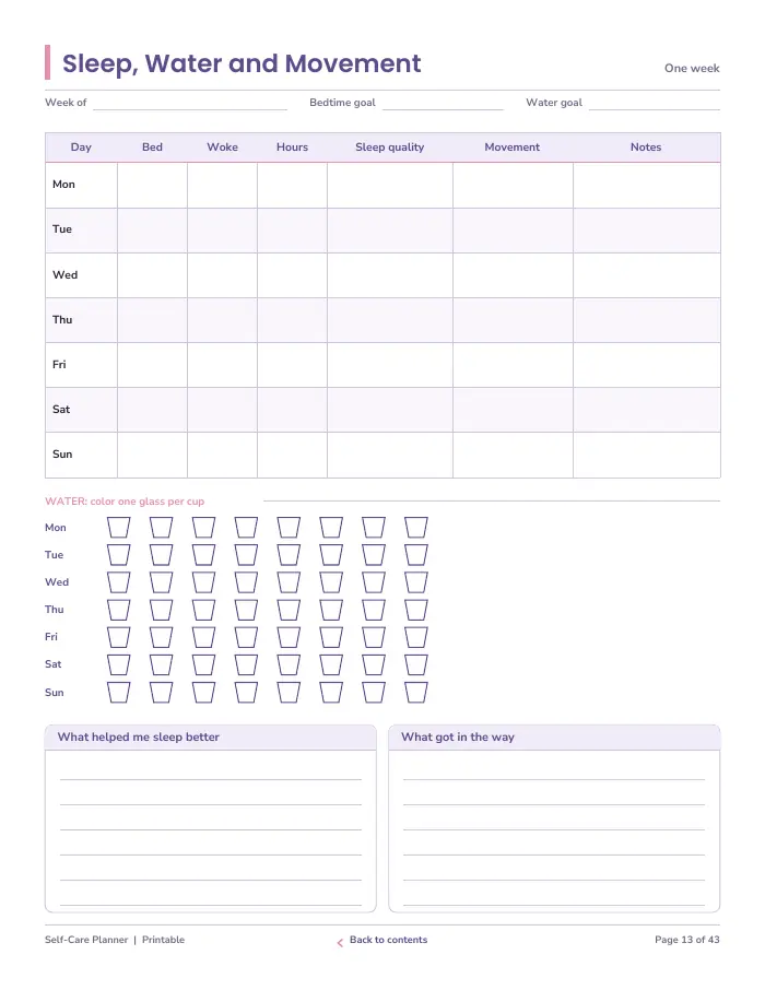 Inside page 1 of Self-Care Planner