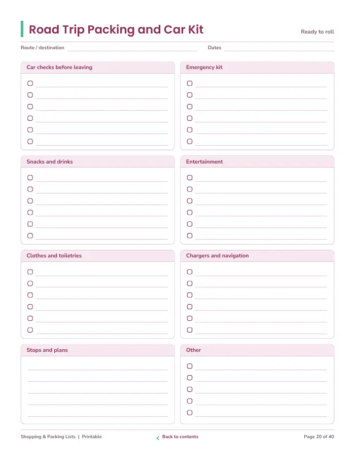 Inside page 2 of Shopping & Packing Lists
