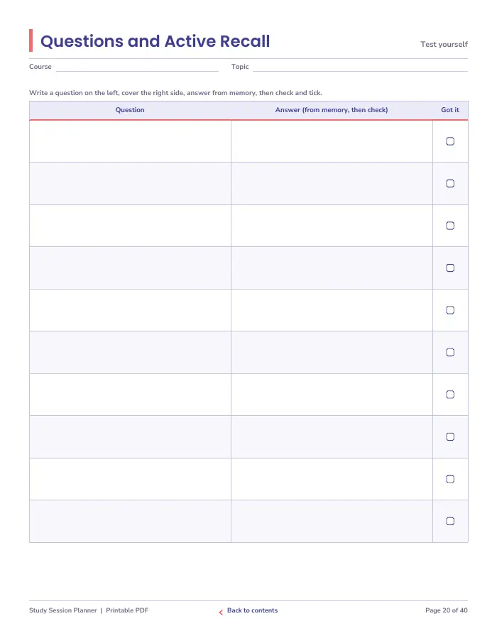 Inside page 2 of Study Session Planner