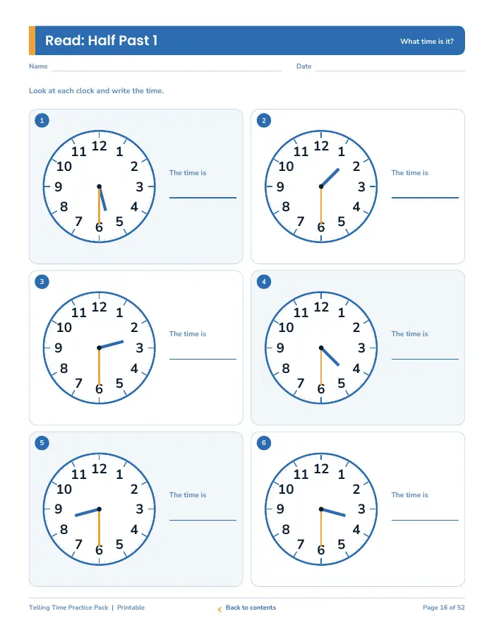 Inside page 1 of Telling Time Practice Pack