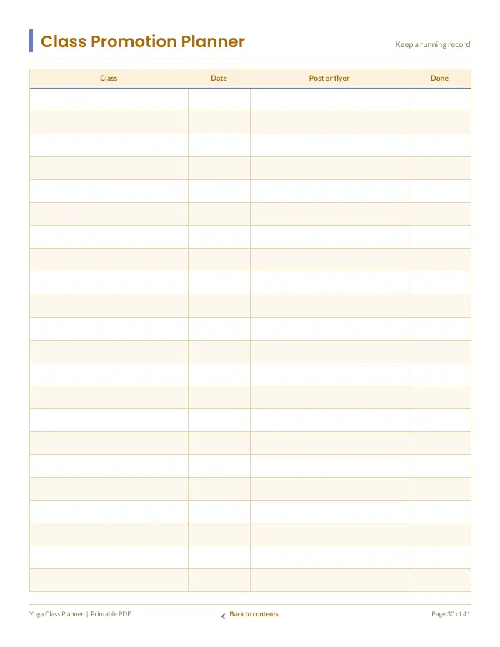 Inside page 3 of Yoga Class Planner