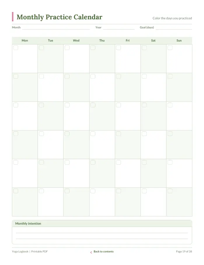 Inside page 2 of Yoga Logbook