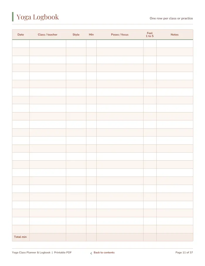 Inside page 1 of Yoga Planner & Logbook