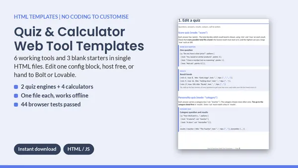 Cover of Quiz & Calculator Web Tool Templates - 9 Single-File HTML Tools