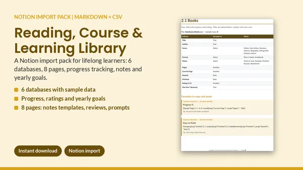 Cover of Reading, Course & Learning Library - Notion Import Pack (6 Databases)