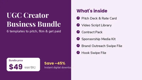 Cover of UGC Creator Business Bundle - Pitch Deck, Scripts, Contracts & Media Kit