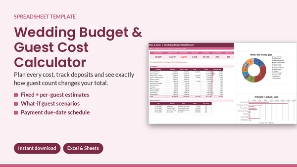 Cover of Wedding Budget & Guest Cost Calculator - Excel & Google Sheets Template