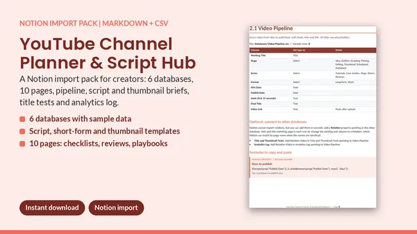 Cover of YouTube Channel Planner & Script Hub - Notion Import Pack (6 Databases)